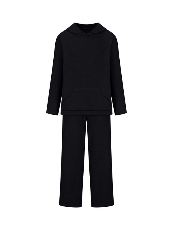 Loose Solid Color Round-Neck Hooded Long Sleeves Sweater Top + Drawstring Pants Bottom Two Pieces Set Product Image