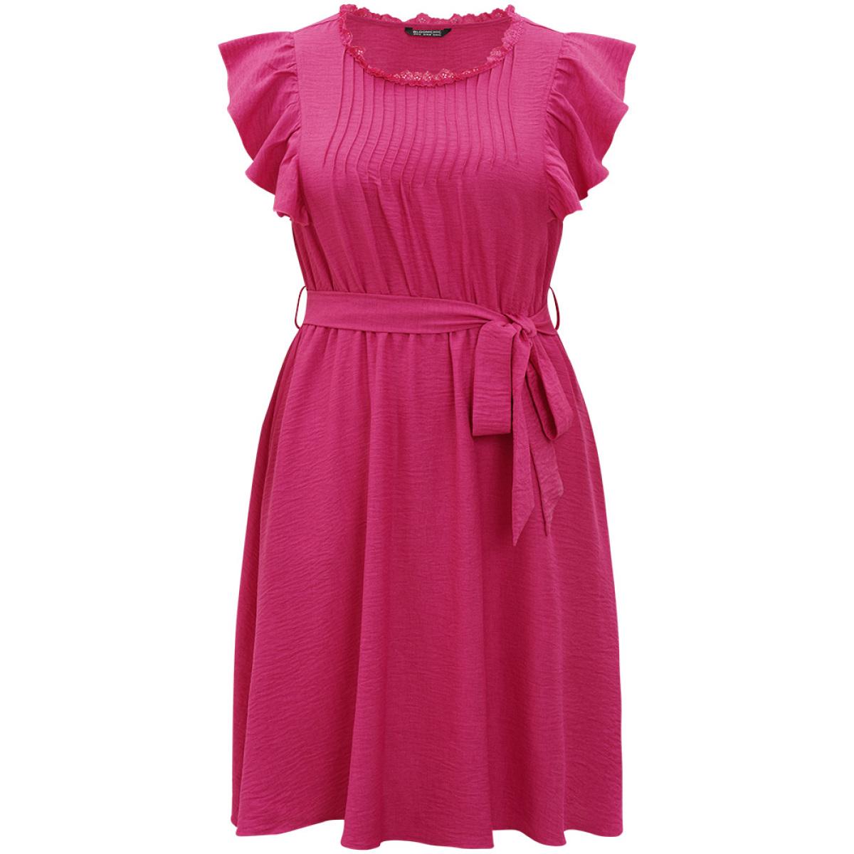 Plus Size Solid Pocket Lace Insert Pleated Flutter Sleeve Dress RedViolet Women Office Gathered Round Neck Sleeveless Curvy Knee Dress BloomChic 10/M Product Image