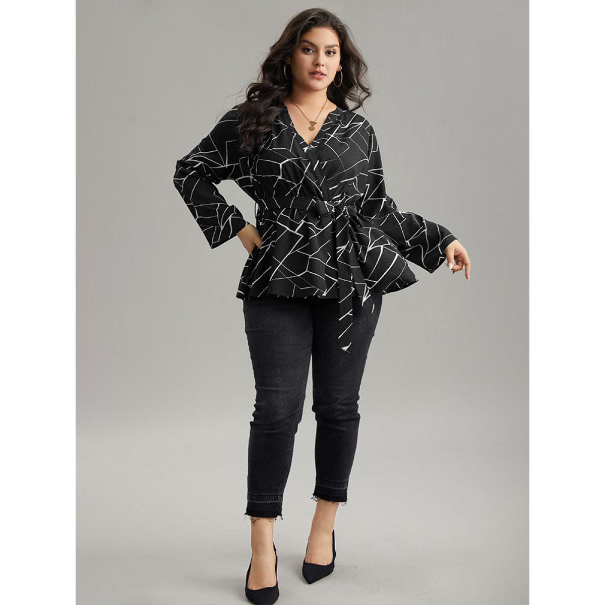 Plus Size Black Geometric Print Tab Sleeve Belted Wrap Blouse Women Office Long Sleeve V-neck Office Blouses BloomChic 30/6X Product Image