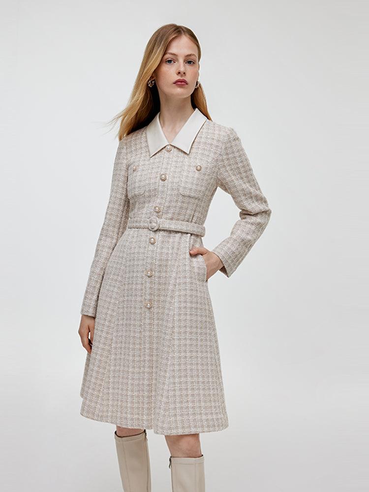 Wool Blend Tweed Patchwork Lapel Women Midi Dress With Belt Product Image
