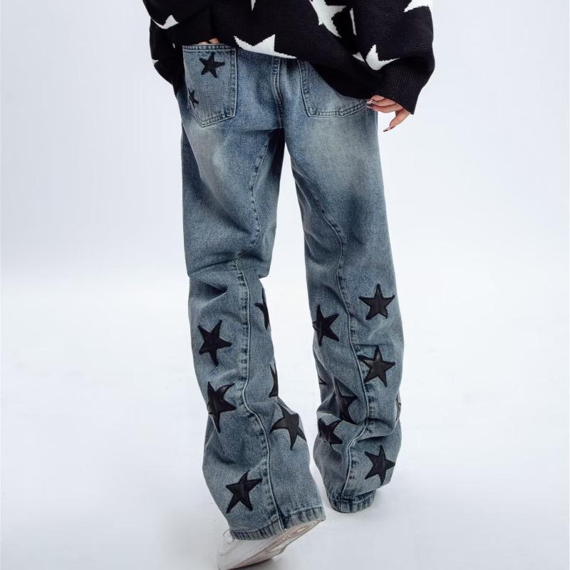 Sopula Unisex Men's Street Loose Straight Leg Star Embroidered Jeans Product Image