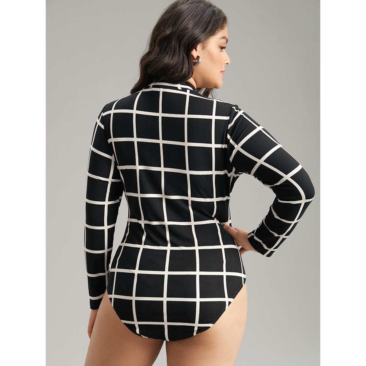 Plus Size Plaid Print Mock Neck Slightly Stretchy Bodysuit Women Black Plaid Contrast Bodysuits BloomChic 12/L Product Image