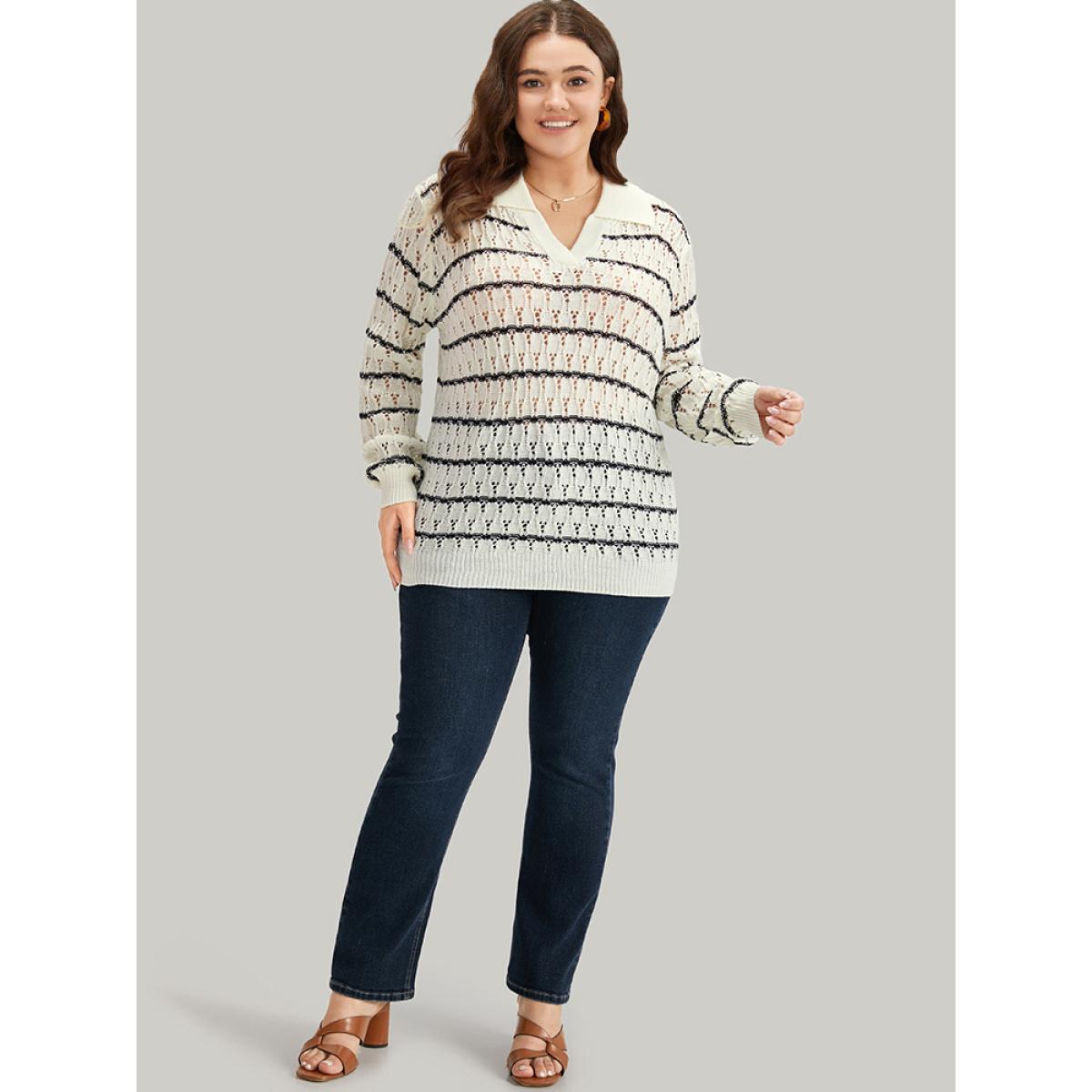 Plus Size Striped Hollow Out Lapel Collar Pullover Beige Women Casual Bodycon Long Sleeve Lapel Collar Dailywear Pullovers BloomChic 18-20/2X Product Image