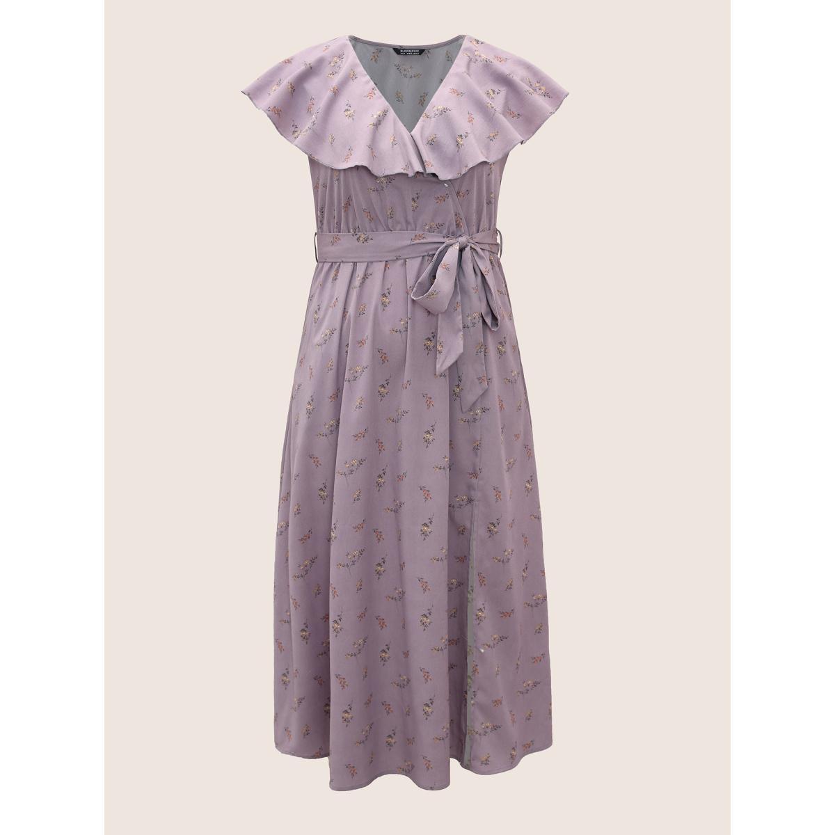 Plus Size Ditsy Floral Wrap Ruffle Cap Sleeve Split Hem Dress Mauve Women Elegant Non Overlap Collar Cap Sleeve Curvy Midi Dress BloomChic 28/5X Product Image
