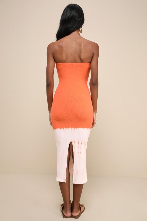 Outstanding Cutie Orange Ombre Ribbed Strapless Midi Dress Product Image