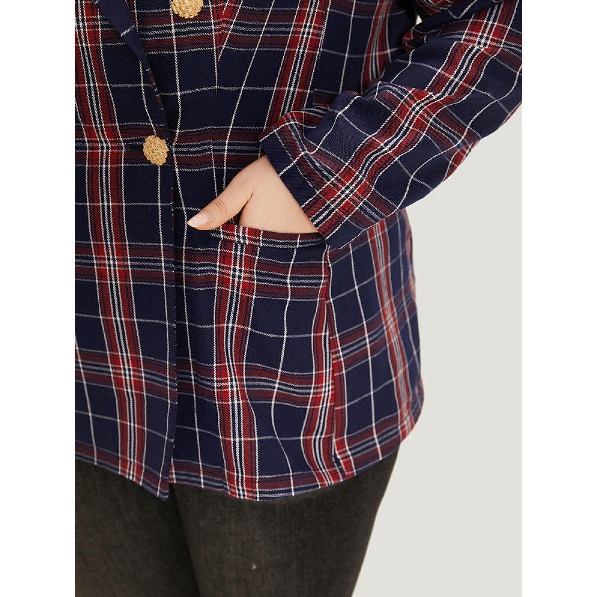 Plus Size Plaid Suit Collar Button Up Pocket Blazer Indigo Women Dailywear Plaid Contrast Sleeve Long Sleeve Suit Collar 14-16/1X Pocket Casual Blazers BloomChic Product Image