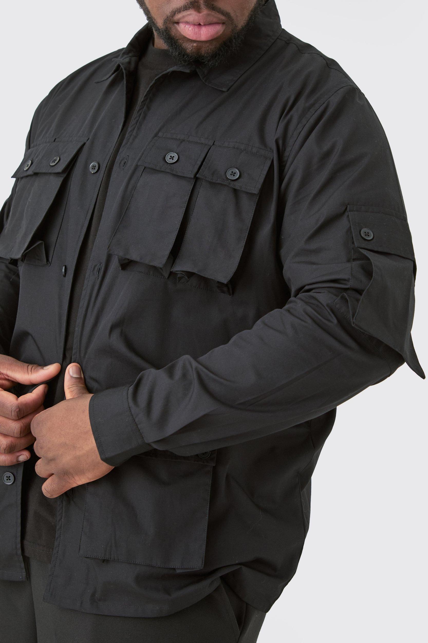 Plus Long Sleeve Poplin Utility Pocket Shirt Jacket | boohooMAN USA Product Image