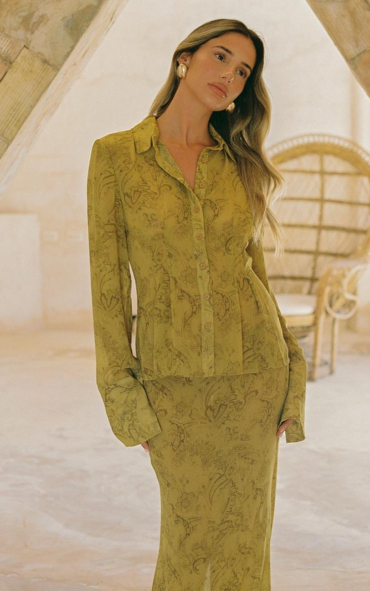 Chartreuse Abstract Print Chiffon Cinched Waist Shirt Product Image