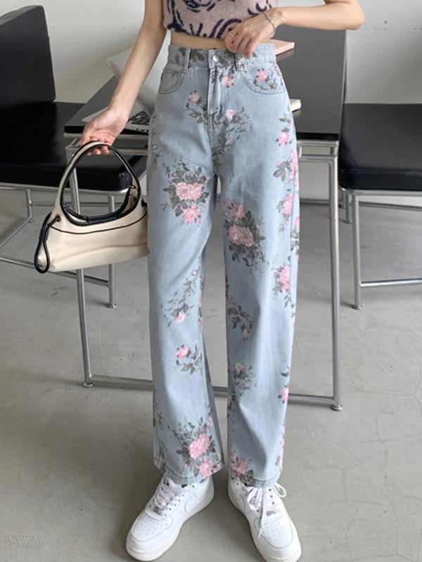 Washed Floral Print Boyfriend Jeans Product Image