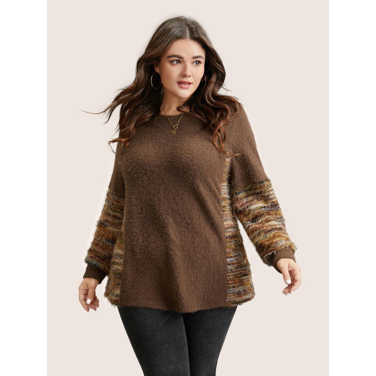 Plus Size Round Neck Patchwork Heather Fluffy Sweatshirt Women DarkBrown Casual Texture Round Neck Dailywear Sweatshirts BloomChic 30/6X Product Image