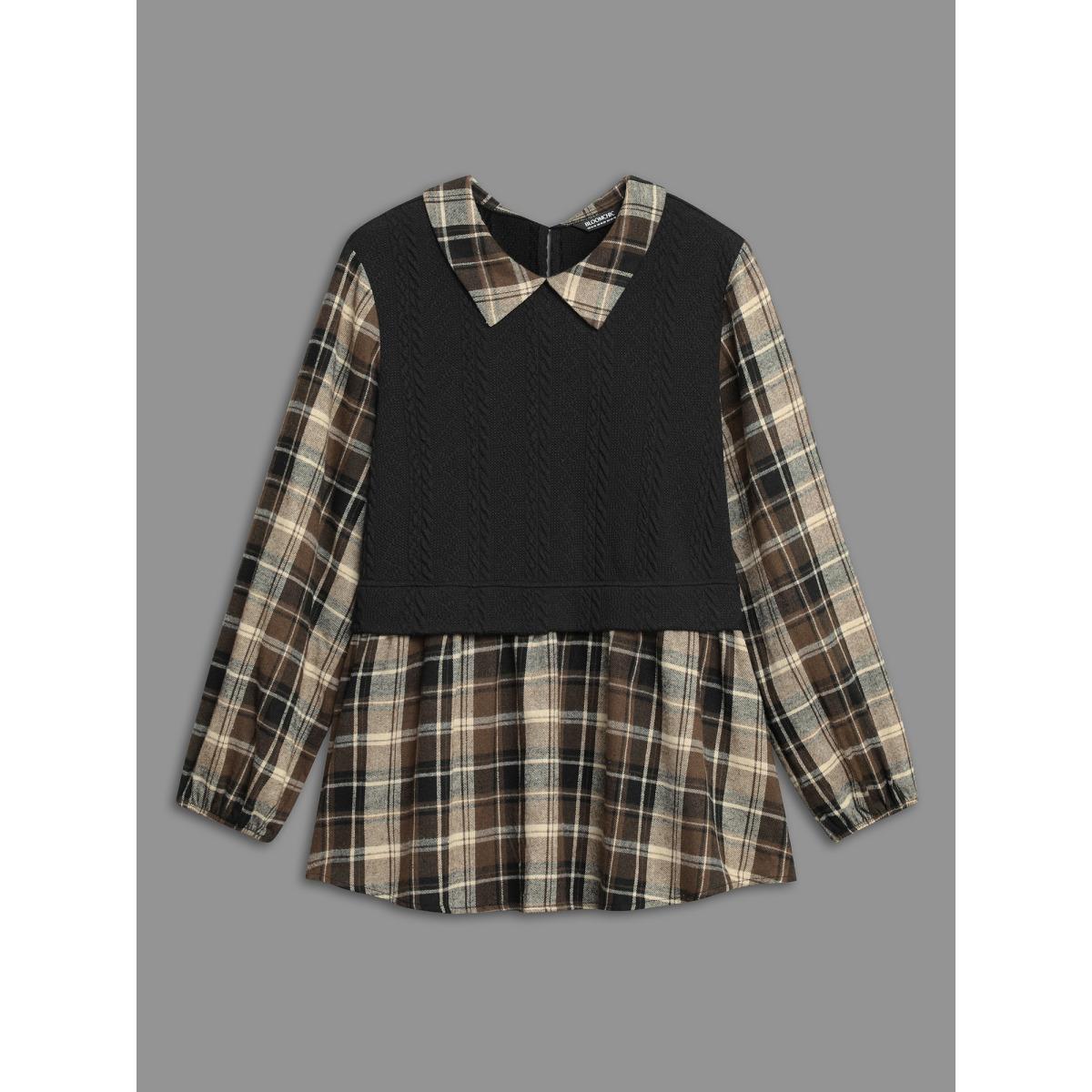 Plus Size DarkBrown Plaid Patchwork Texture Lantern Sleeve Blouse Women Elegant Long Sleeve Shirt collar Everyday Blouses BloomChic 22-24/3X Product Image