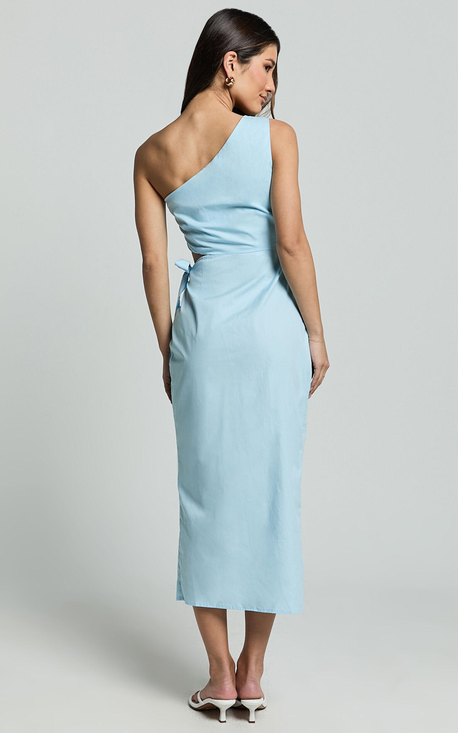 Rina Midi Dress - One Shoulder Side Cut Out Wrap Dress in Blue Product Image