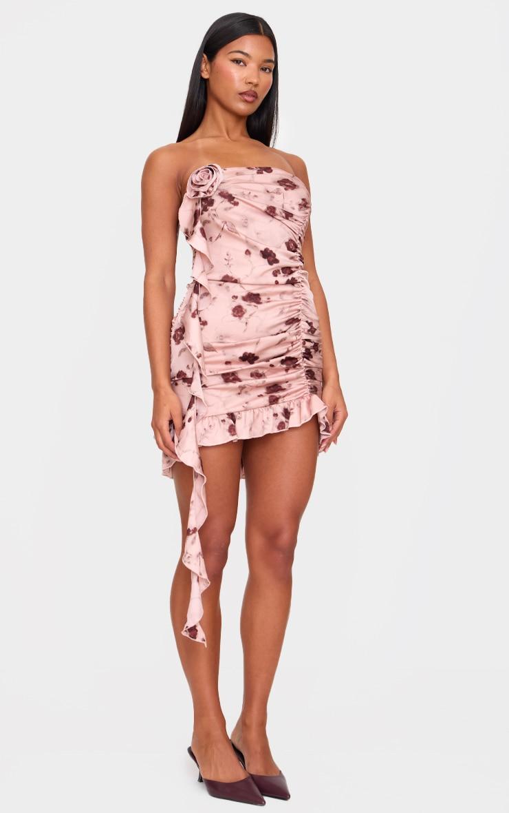 Light Pink Floral Satin Rose Detail Mini Dress Product Image