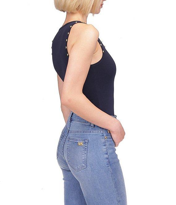 MICHAEL Michael Kors Cotton Stretch Double Knit Ribbed Scoop Neck Sleeveless Stud Tank Product Image