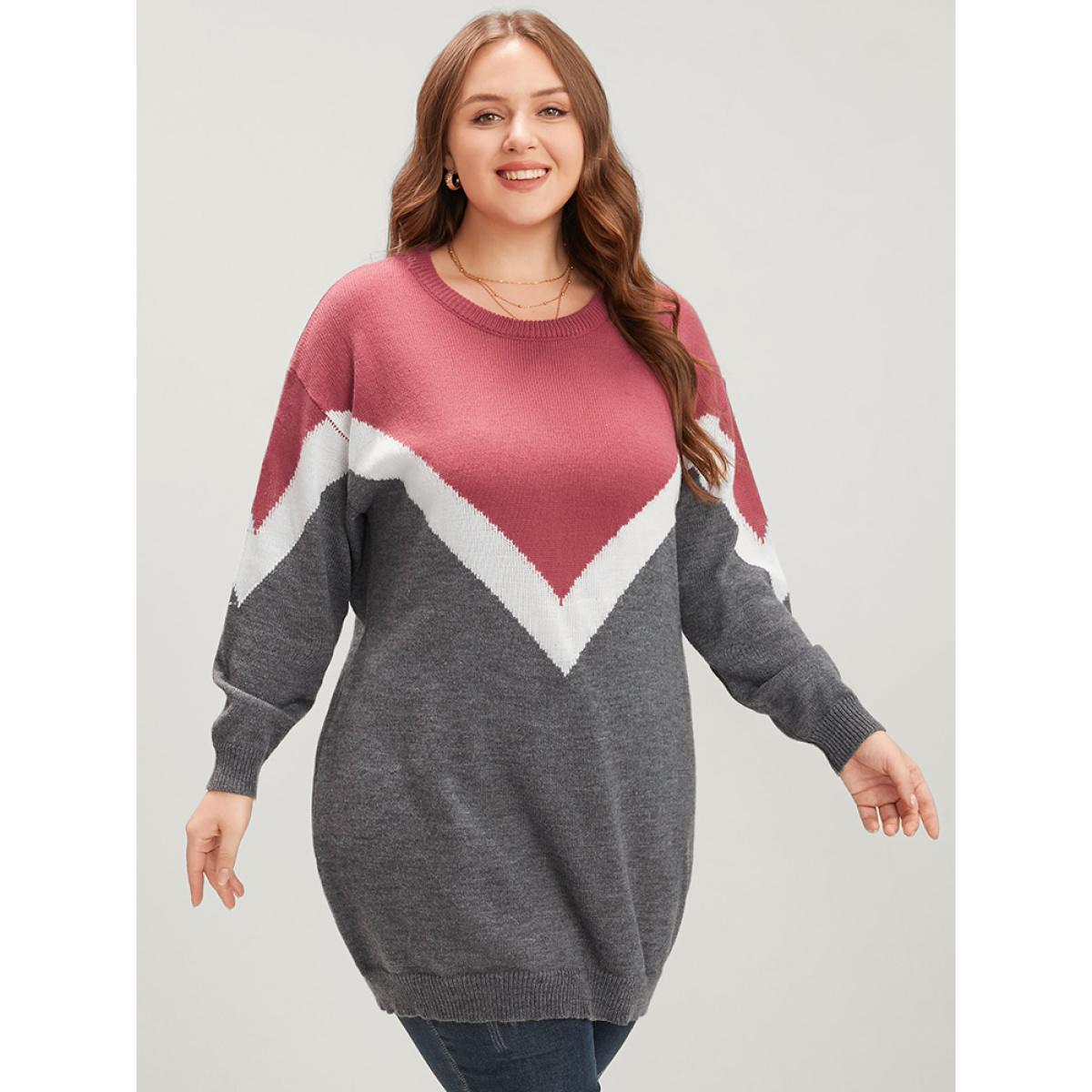 Plus Size Colorblock Contrast Pointelle Knit Round Neck Mid Long Knit Top Burgundy Women Casual Loose Long Sleeve Round Neck Everyday Pullovers BloomChic 26/4X Product Image
