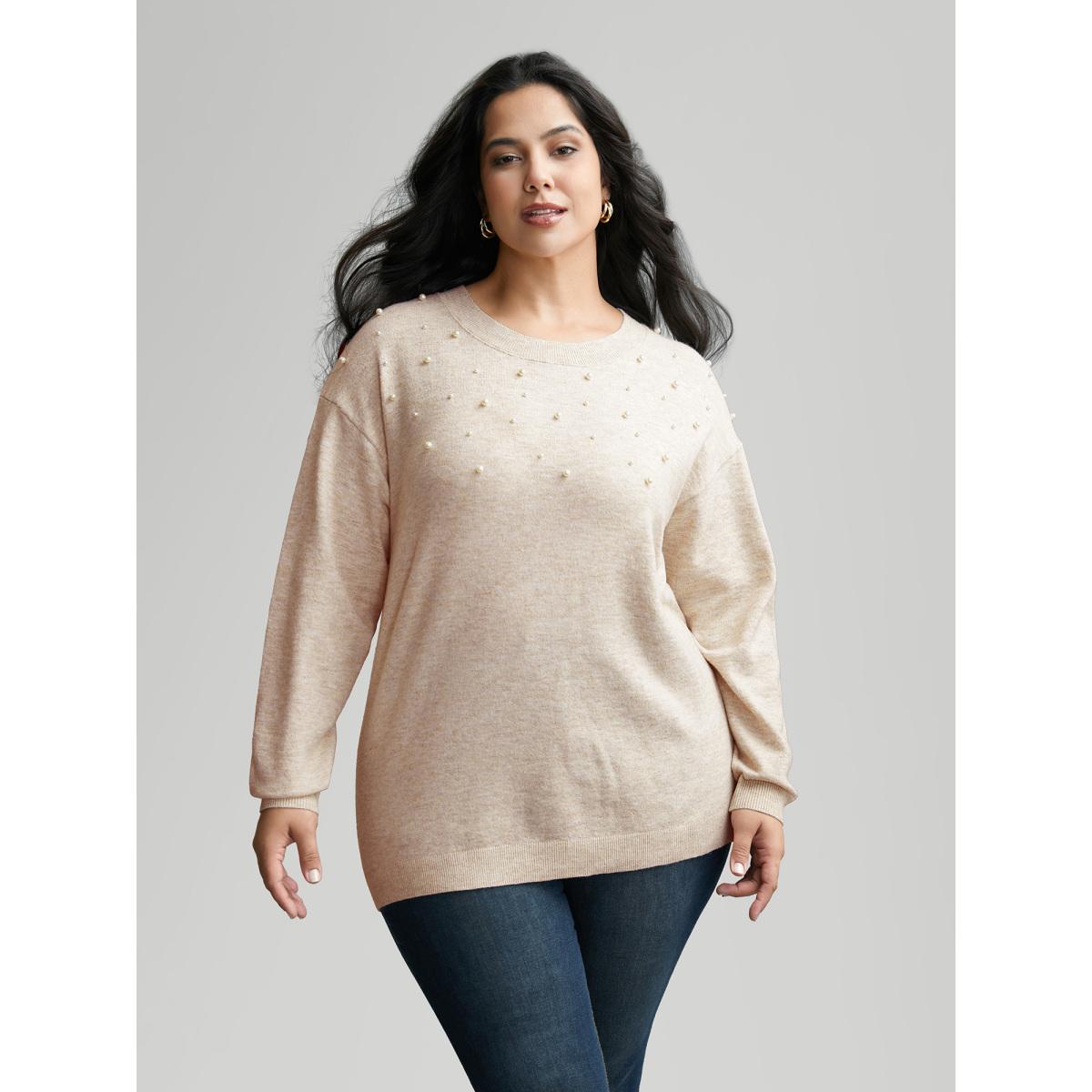 Plus Size Round Neck Pearl Beaded Pullover Apricot Women Leisure Long Sleeve Round Neck Casual Pullovers BloomChic 22-24/3X Product Image