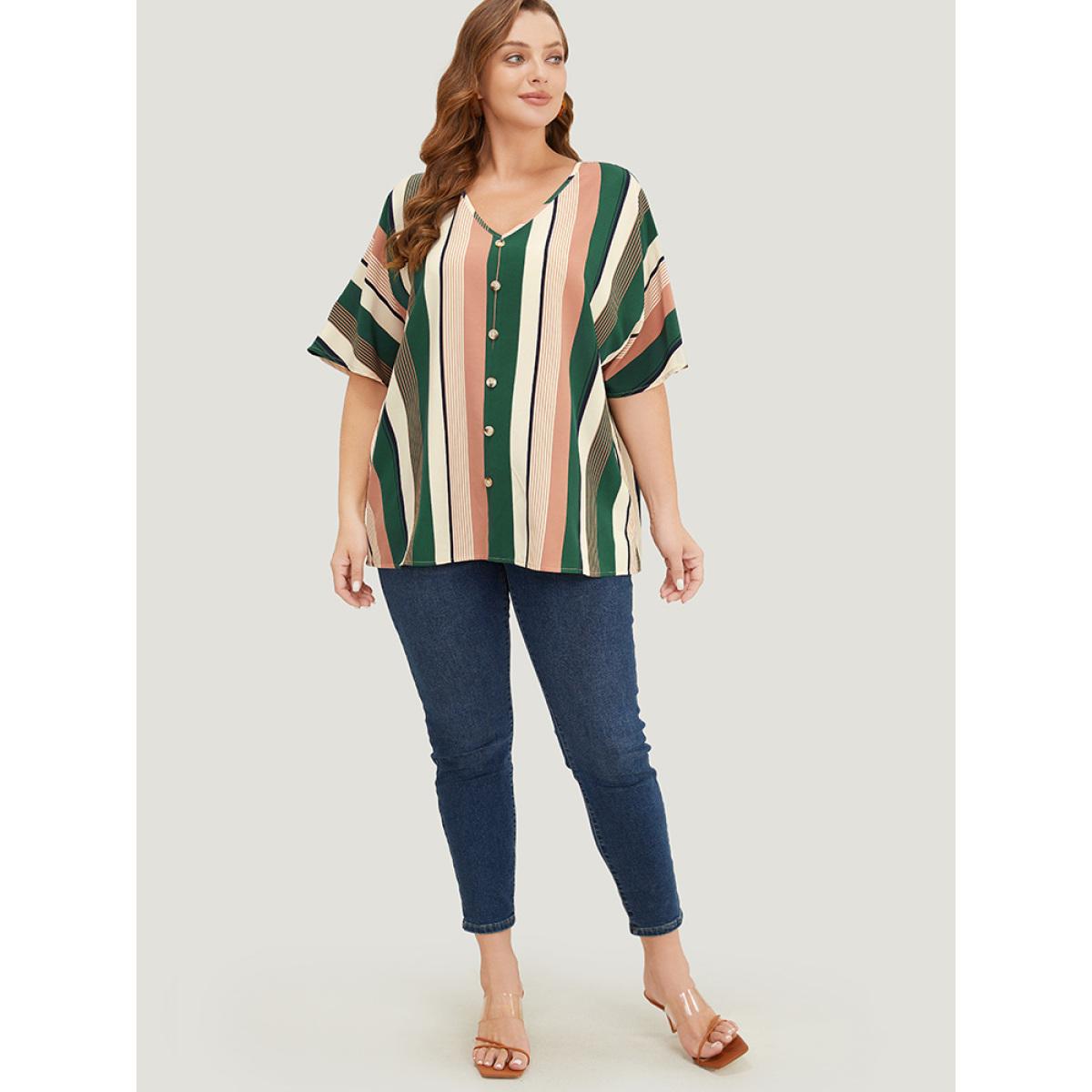 Plus Size Multicolor Striped Print Button Detail Batwing Sleeve Blouse Women Vacation Half Sleeve V-neck Dailywear Blouses BloomChic 10/M Product Image