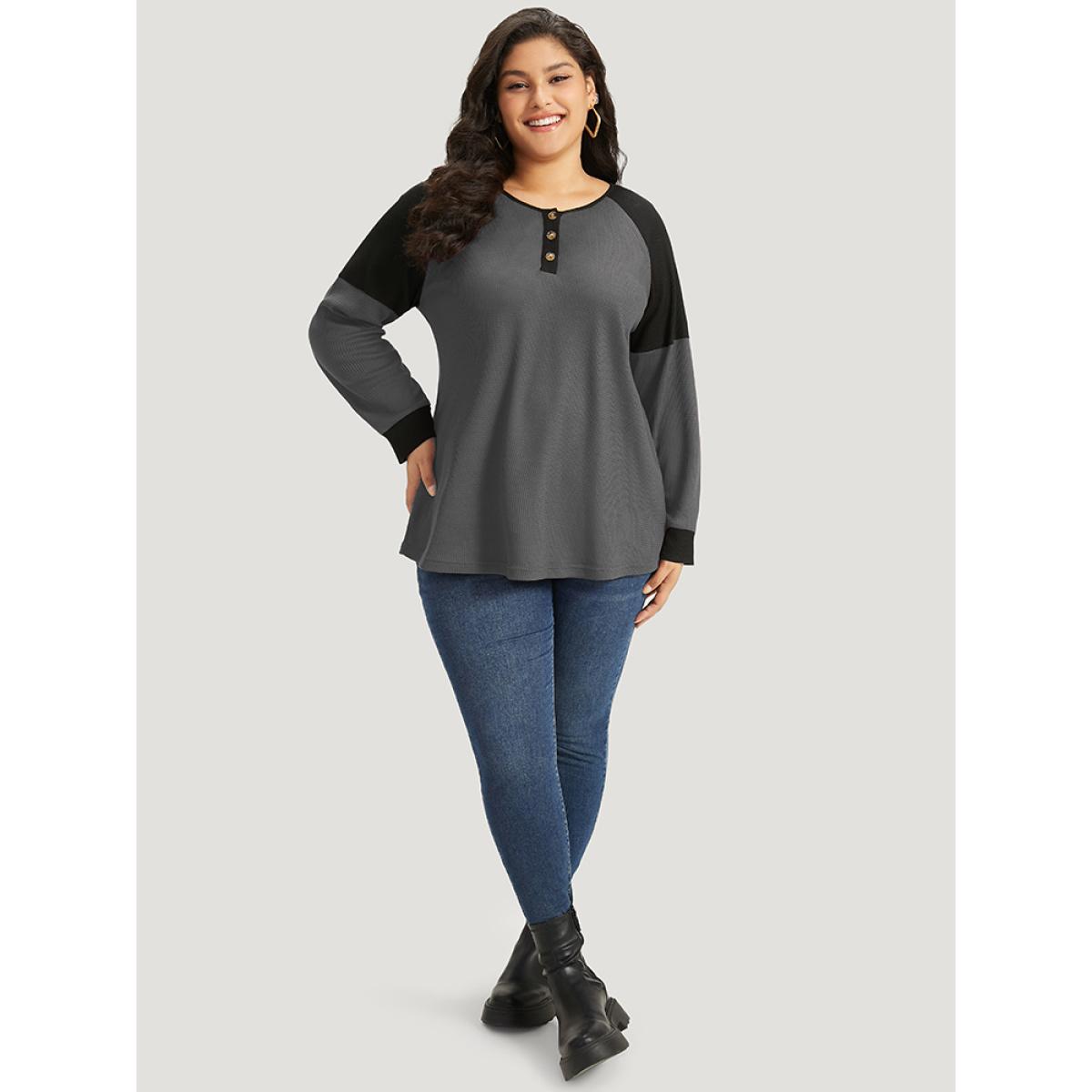 Plus Size Waffle Knit Two Tone Raglan Sleeve T-shirt ArmyGreen Women Casual Elastic cuffs Plain Open Front Dailywear T-shirts BloomChic 10/M Product Image