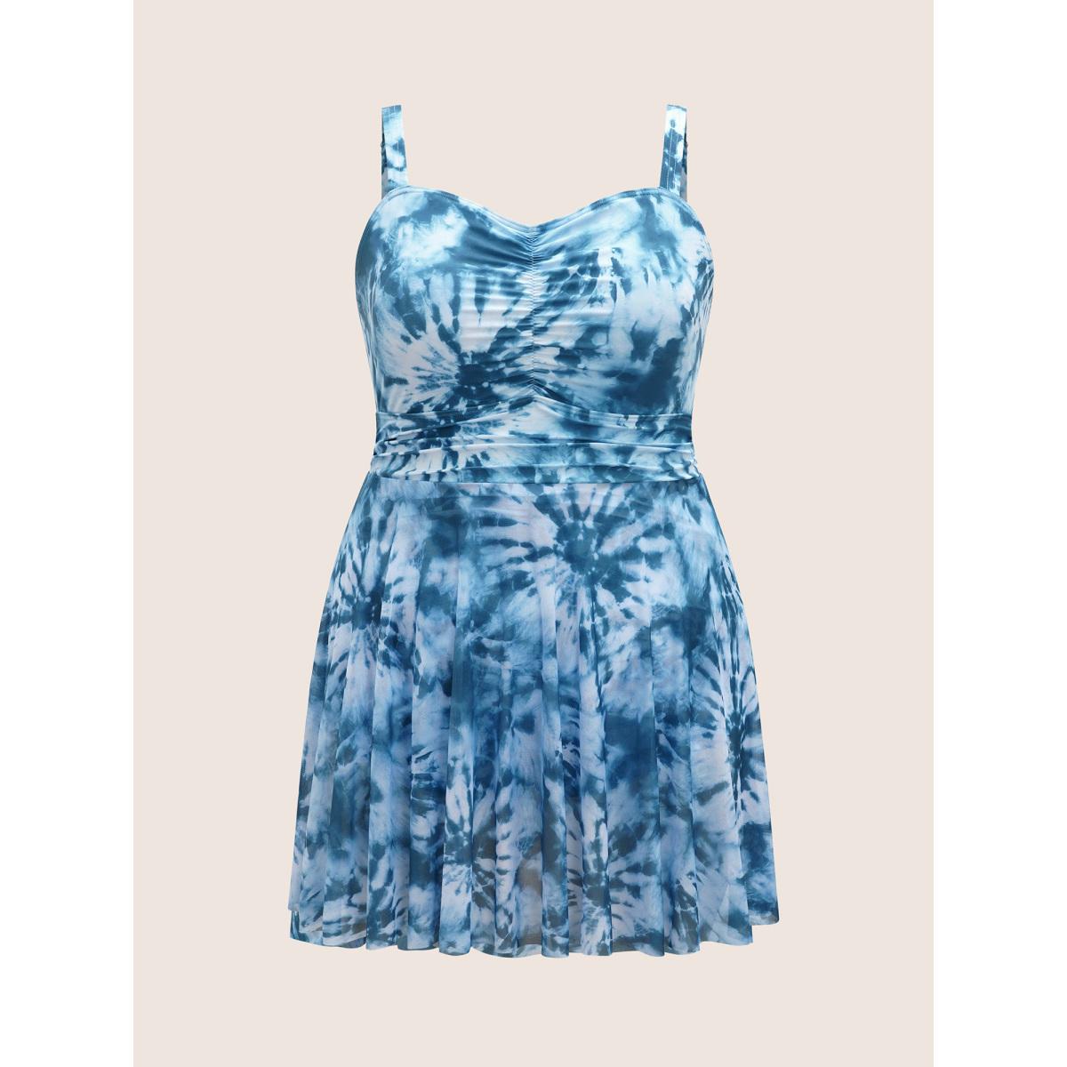 Plus Size Heart Neckline Tie Dye Ruched Swim Dress Women's Swimwear Cerulean Beach Bodycon Heart neckline High stretch Curve Swim Dresses BloomChic 14-16/1X Product Image