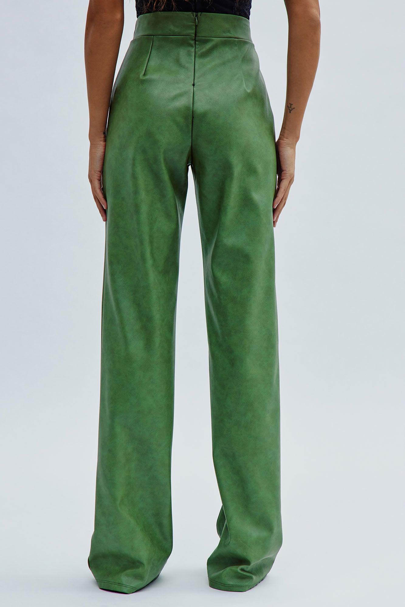 Victoria High Waisted Washed Faux Leather Dress Pants - Olive Product Image