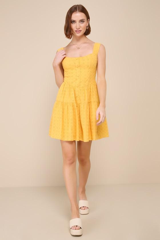 Profound Sweetness Marigold Yellow Eyelet Bustier Mini Dress Product Image