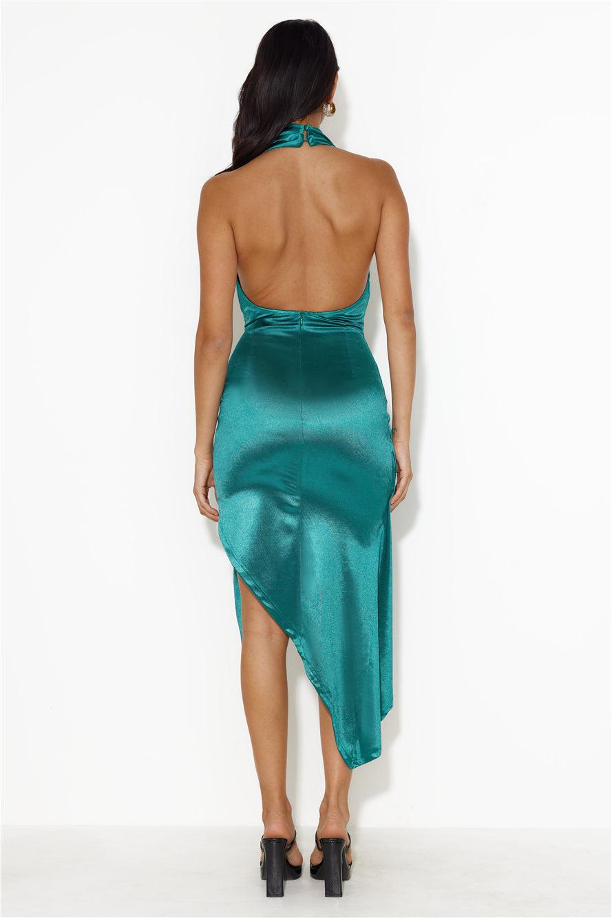 Hour Of Moonlight Halter Satin Midi Dress Green Product Image