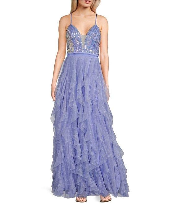 Pear Culture Glitter Sequin V-Neck Mesh Corkscrew Ball Gown Product Image