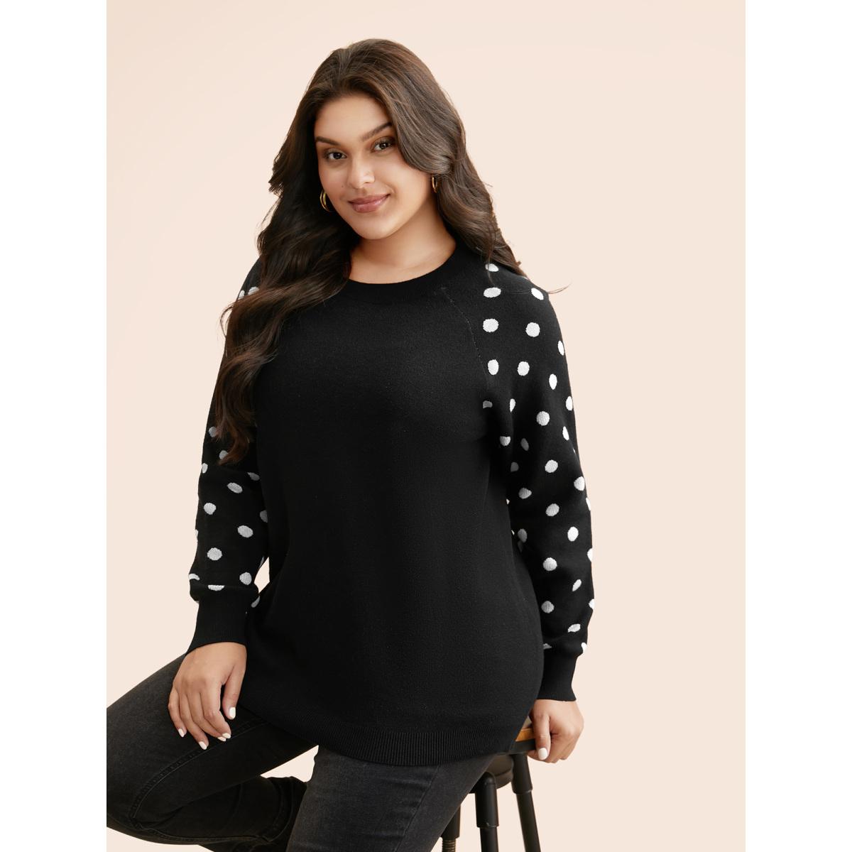 Plus Size Polka Dot Crew Neck Raglan Sleeve Pullover Black Women Casual Loose Long Sleeve Round Neck Everyday Pullovers BloomChic 18-20/2X Product Image