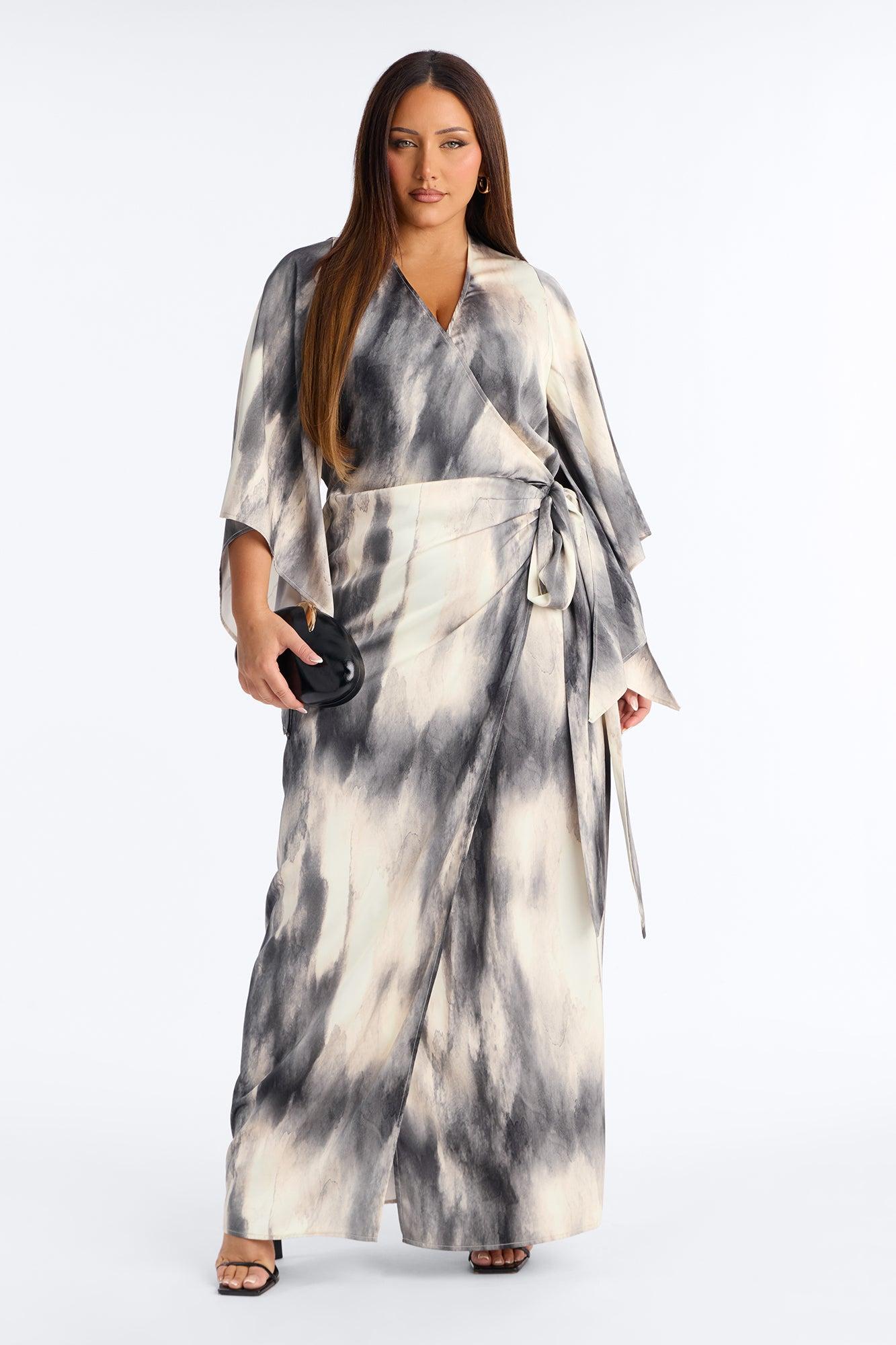 Ramona Tie Waist Satin Maxi Dress - Charcoal/combo Female Product Image