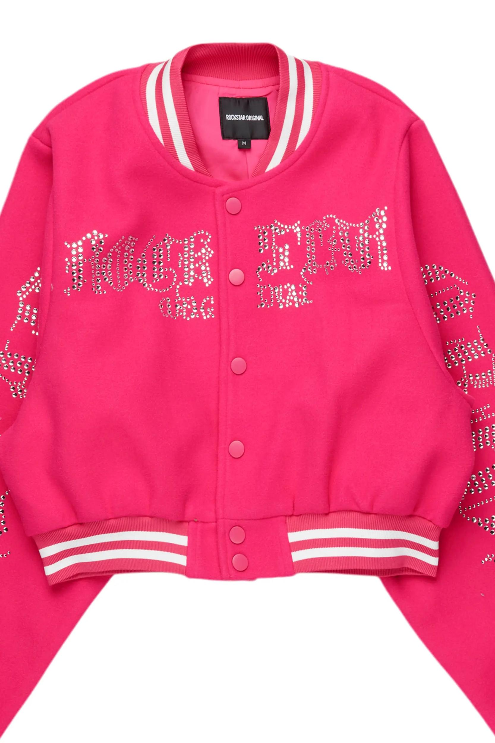 Gianni Hot Pink Crop Rhinestone Varsity Jacket Female Product Image