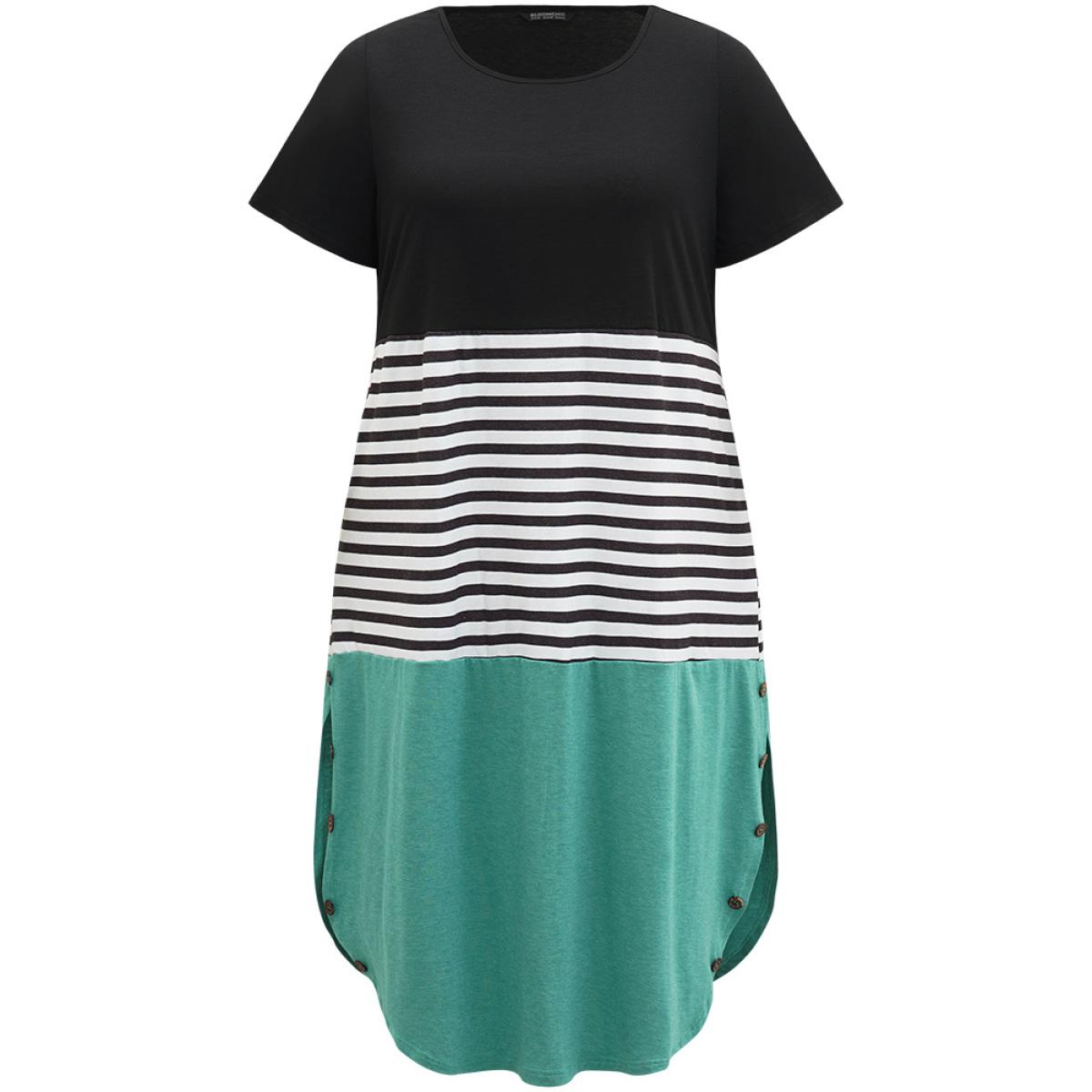 Plus Size Supersoft Essentials Striped Colorblock Arc Hem Button Detail Dress Black Women Casual Arc Hem Round Neck Short sleeve Curvy Midi Dress BloomChic 30/6X Product Image