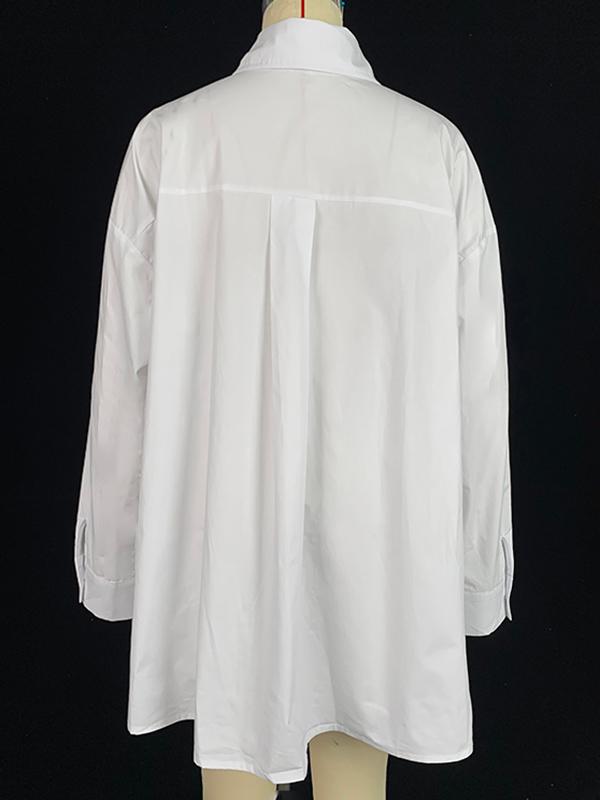 A-Line High-Low Buttoned Pockets Printed Split-Side Stand Collar Blouses&Shirts Tops Product Image