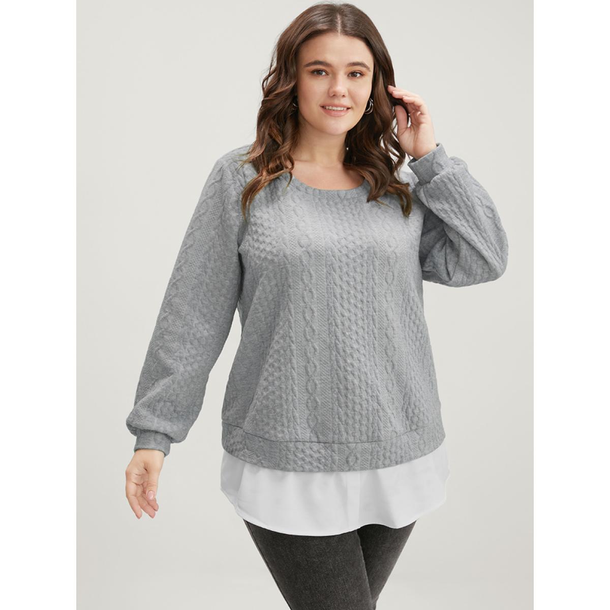 Plus Size Solid Textured Round Neck 2-In-1 Sweatshirt Women Gray Casual Patchwork Round Neck Dailywear Sweatshirts BloomChic 10/M Product Image