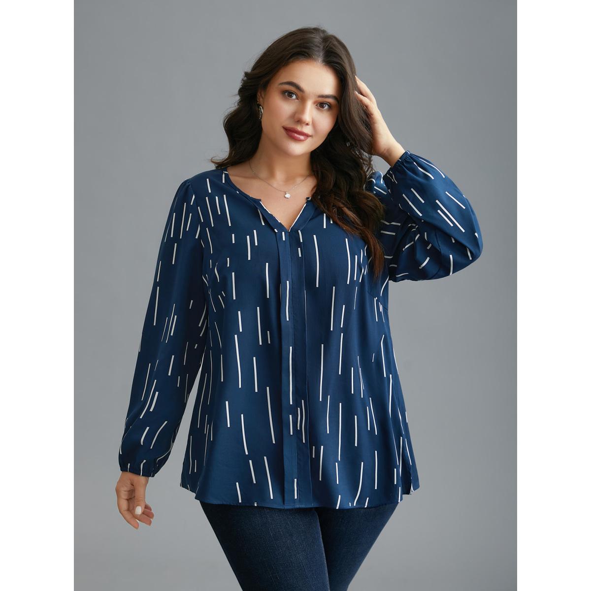 Plus Size Indigo Geometric Print Notched Collar Blouse Women At the Office Long Sleeve Notched collar Work Blouses BloomChic 22-24/3X Product Image