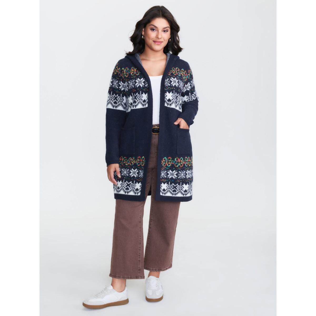 Plus Size Boho Print Jacquard Hooded Knit Cardigan Indigo Women Leisure Loose Long Sleeve Casual Cardigans BloomChic 14-16/1X Product Image