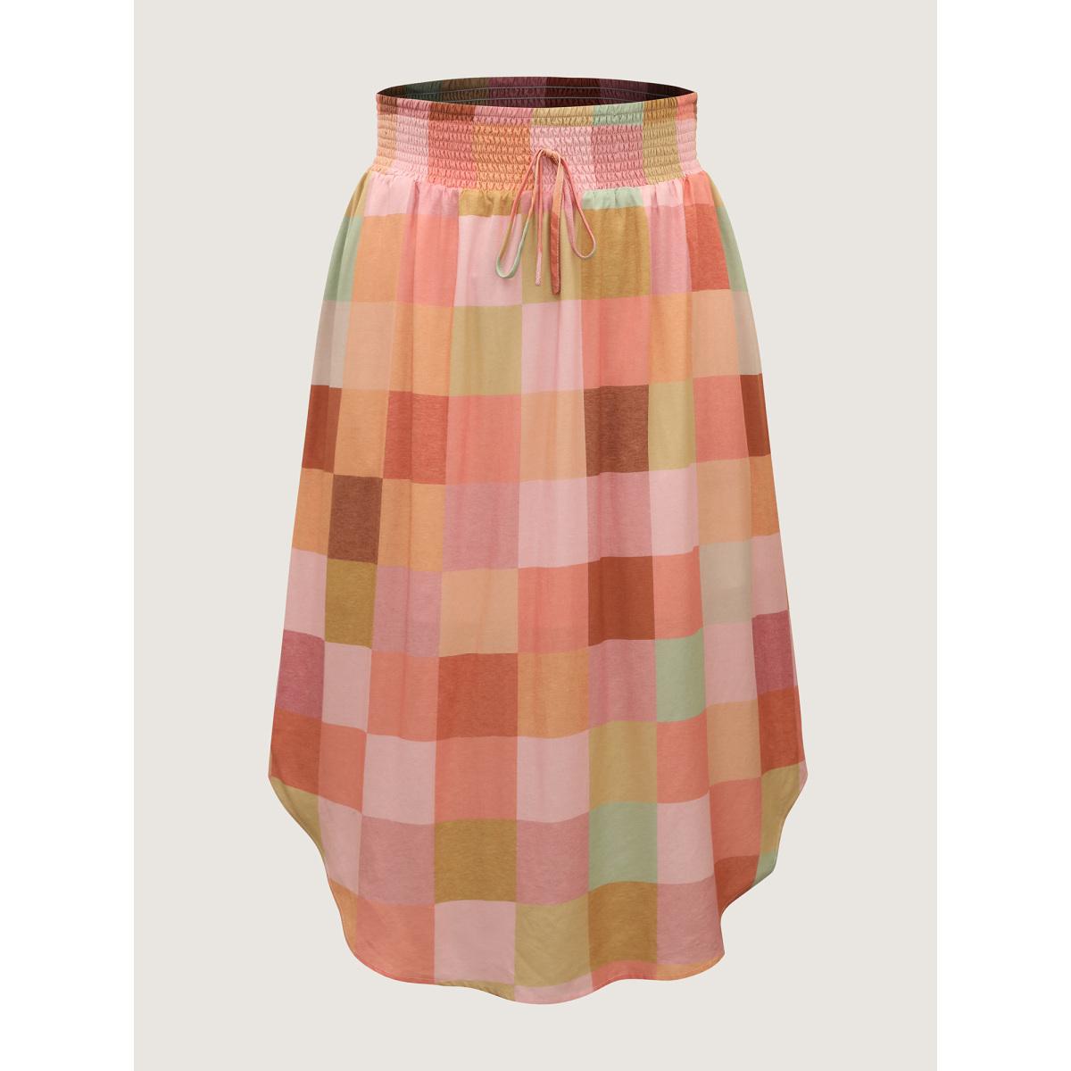 Plus Size Colorful Patchwork Shirred Waist Midi Skirt Women Nudepink Loose No stretch Side seam pocket Vacation Skirts BloomChic 18-20/2X Product Image