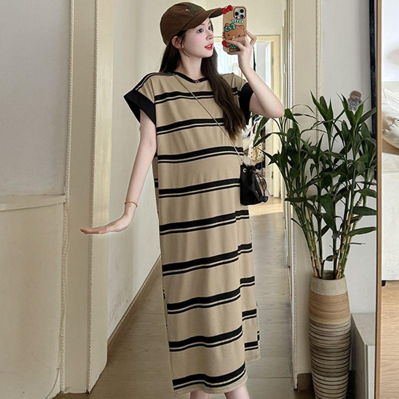 Maternity Short-Sleeve Round Neck Striped Midi T-Shirt Dress Product Image