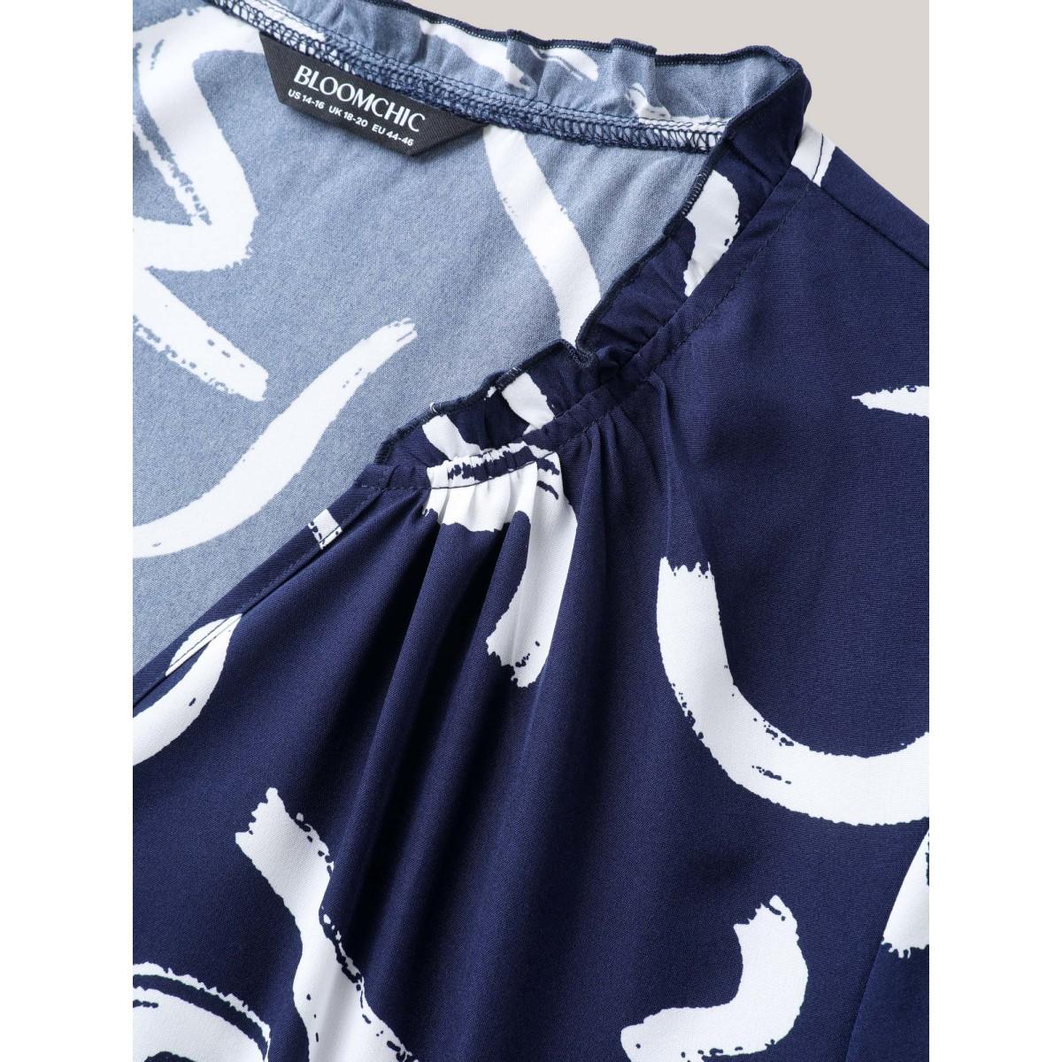 Plus Size Indigo Scribble Print Ruffled Split Neck Blouse Women Office Elbow-length sleeve Notched collar Office Blouses BloomChic 12/L Product Image