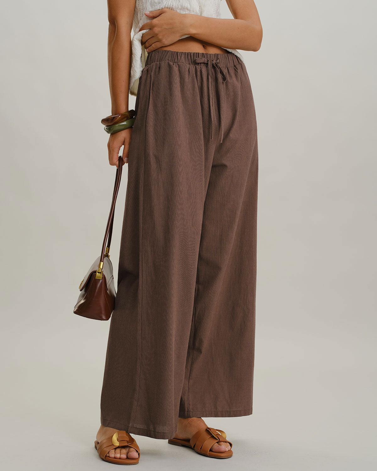 Coffee Elastic Waist Wide Leg Pants Product Image