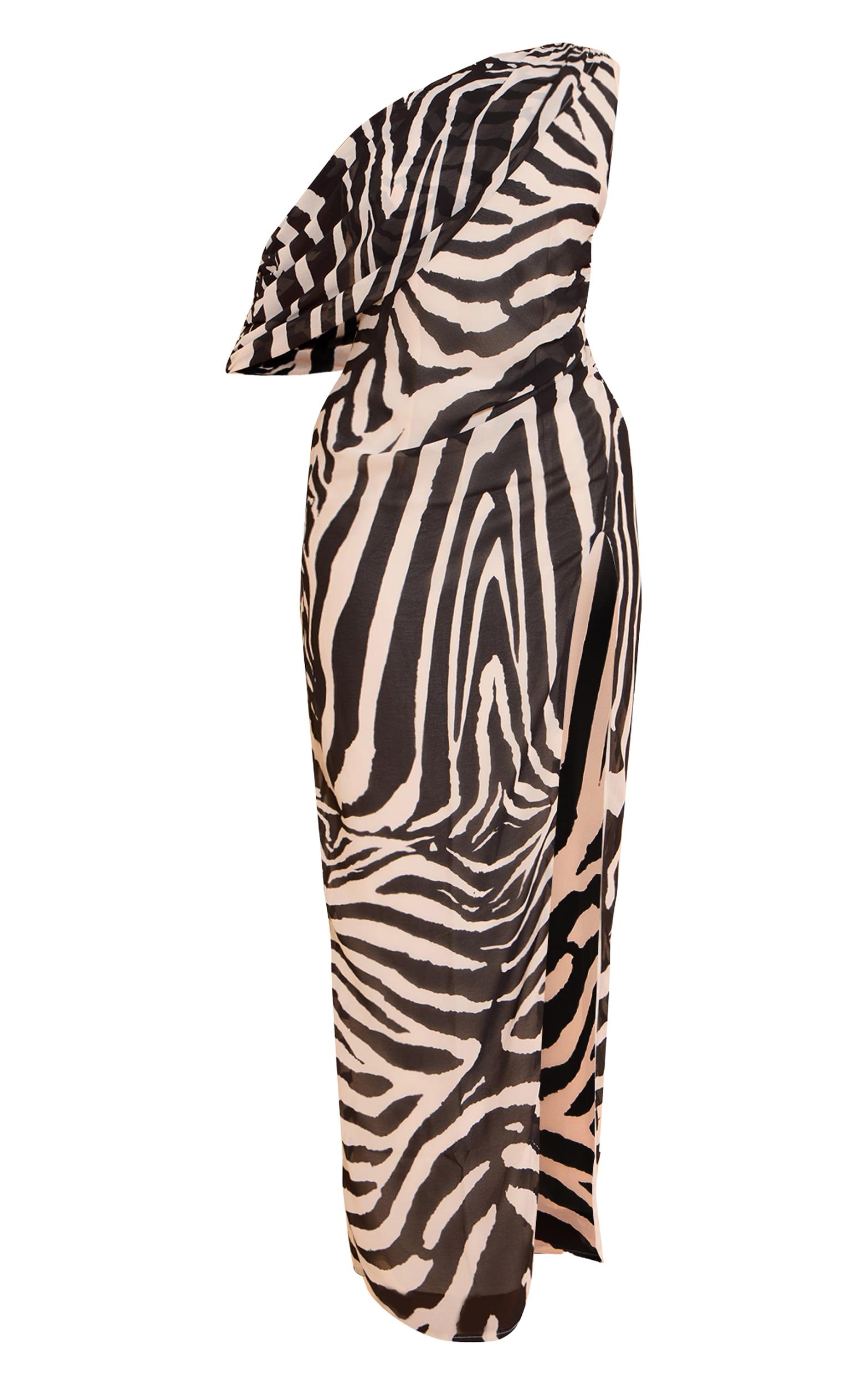 Brown Zebra Printed Chiffon Drape Detail Maxi Dress Product Image