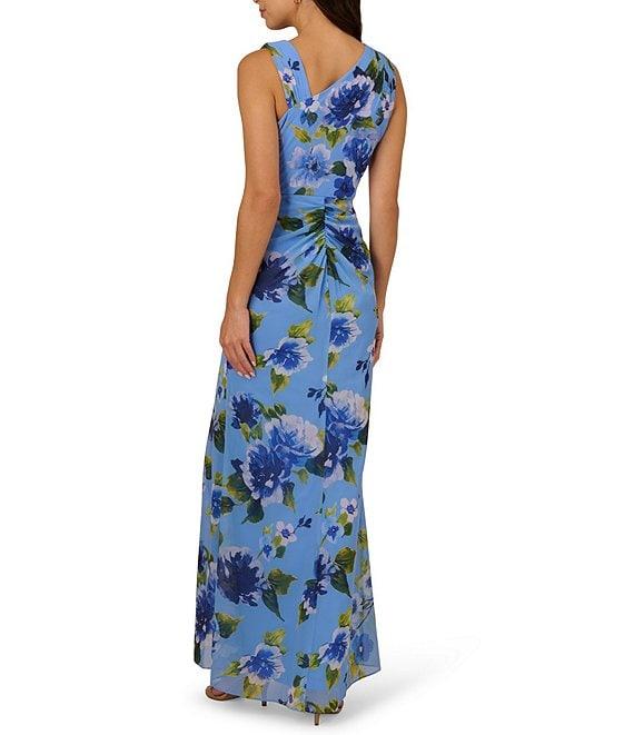 Adrianna Papell Floral Print Chiffon Asymmetrical Neck Sleeveless Front Ruffle Twist Column Dress Product Image