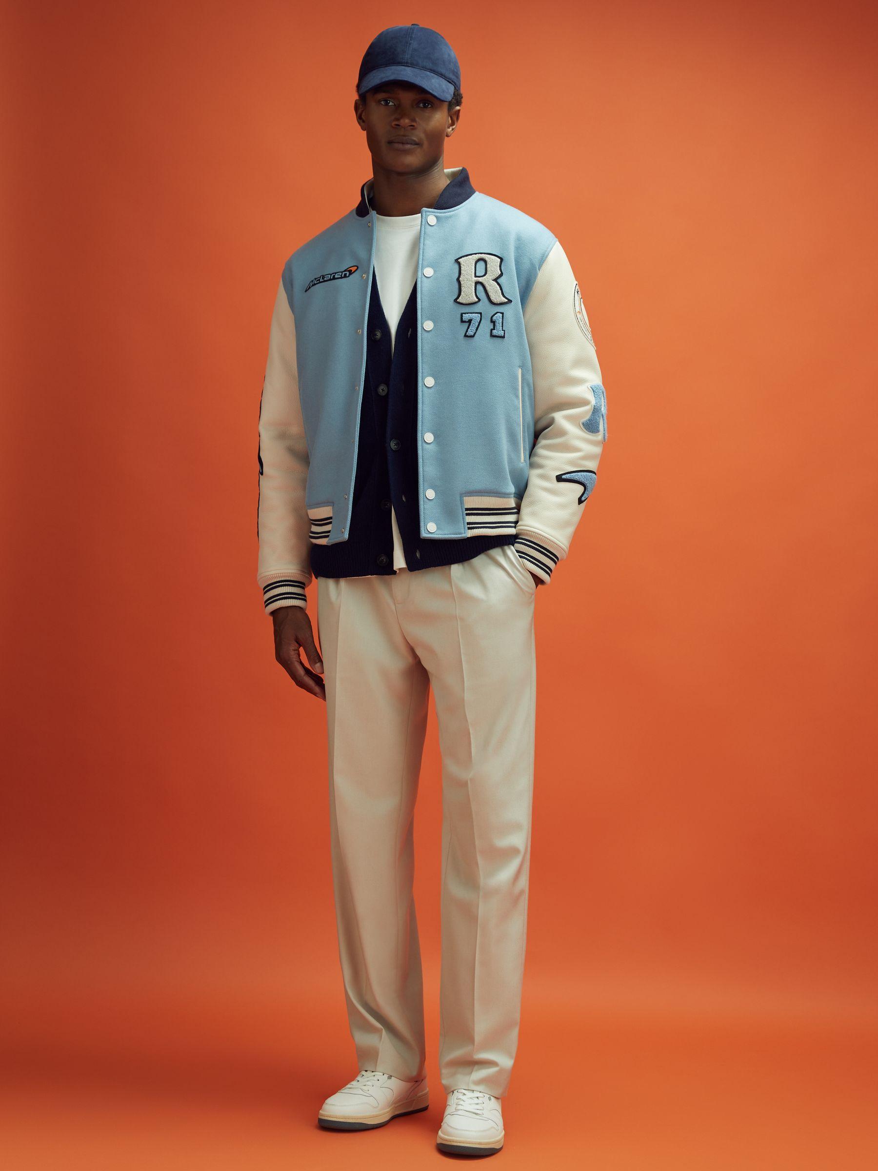 Leather Varsity Jacket in Soft Blue/Ecru Product Image