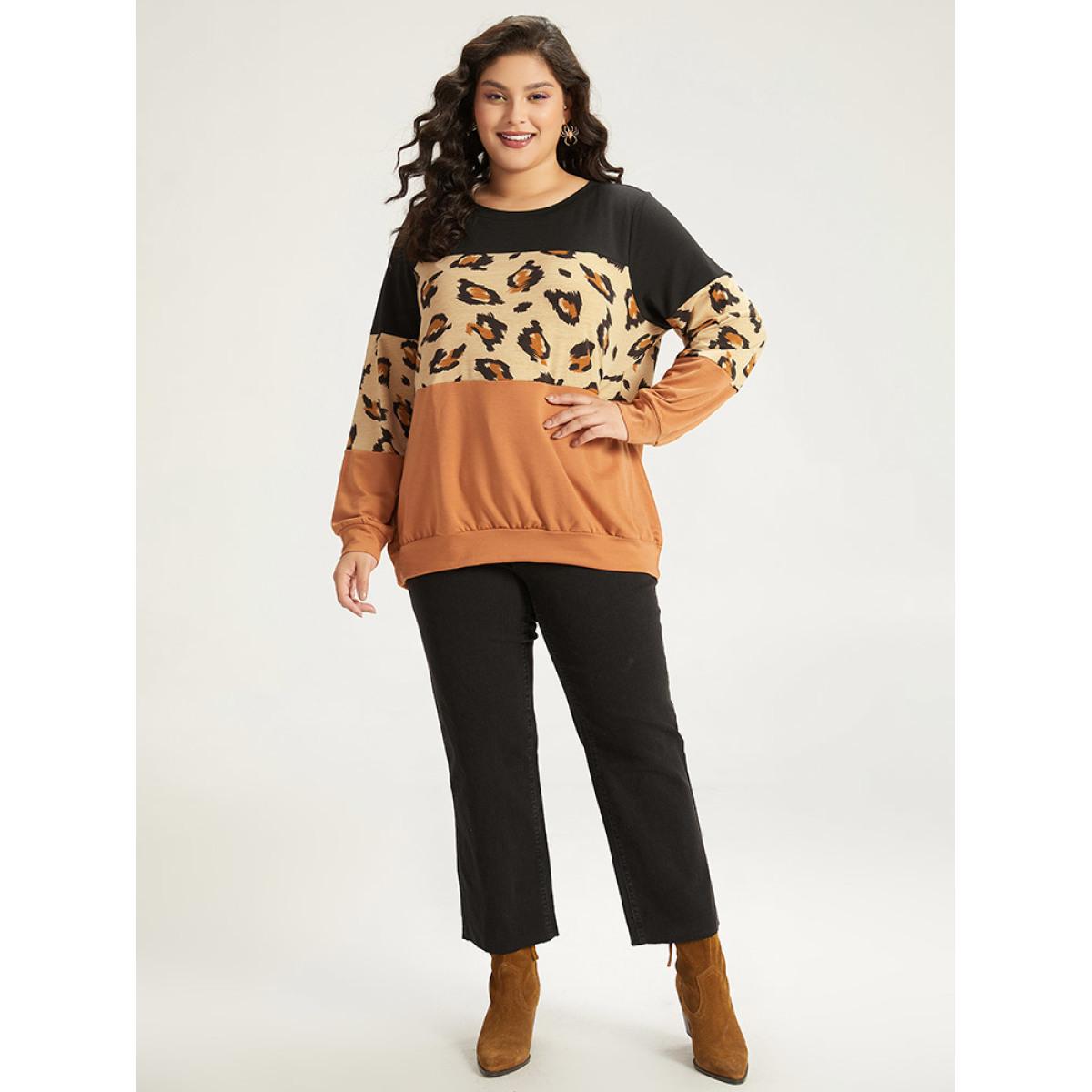 Plus Size Halloween Leopard Patchwork Contrast Sweatshirt Women Multicolor Casual Contrast Round Neck Festival-Halloween Sweatshirts BloomChic 12/L Product Image