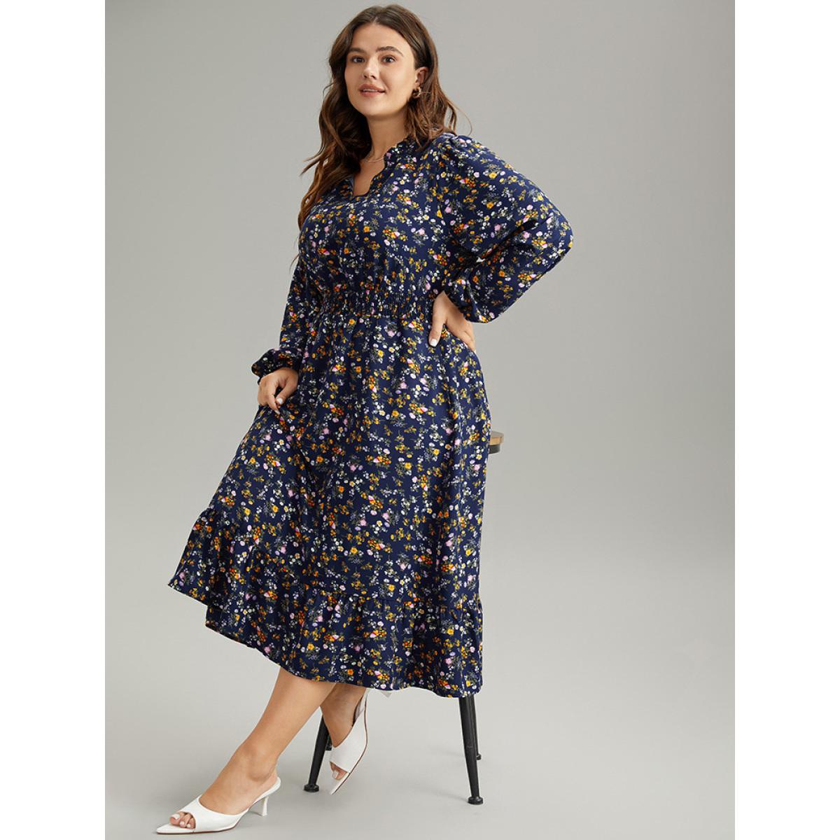 Plus Size Ditsy Floral Notched Shirred Pocket Elastic Waist Dress Navy Women Office Elastic cuffs Notched collar Long Sleeve Curvy Midi Dress BloomChic 14-16/1X Product Image