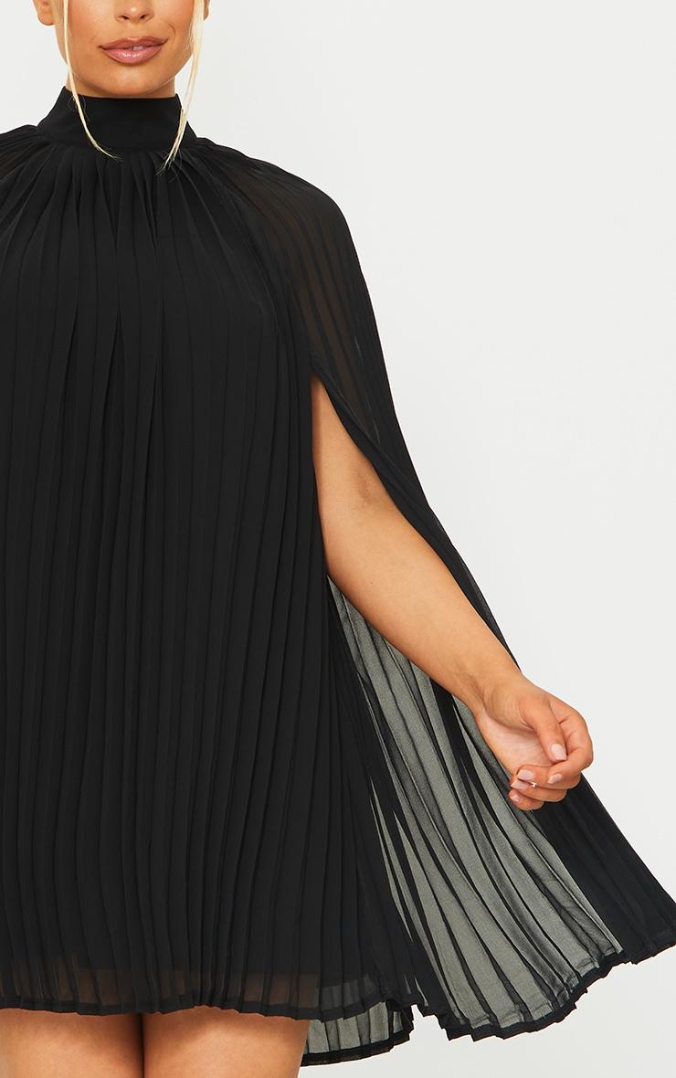 Black Pleated Cape High Neck Shift Dress Product Image