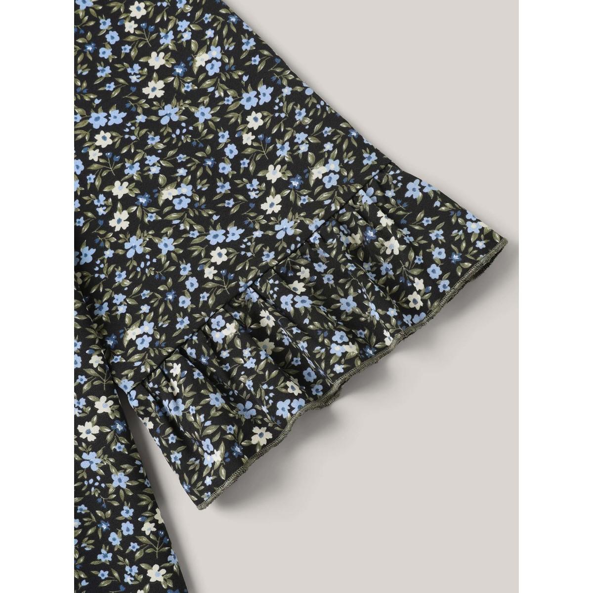 Plus Size Multicolor Ditsy Floral Print Frill Trim Blouse Women Timeless Elbow-length sleeve V-neck Elegant Blouses BloomChic 22-24/3X Product Image