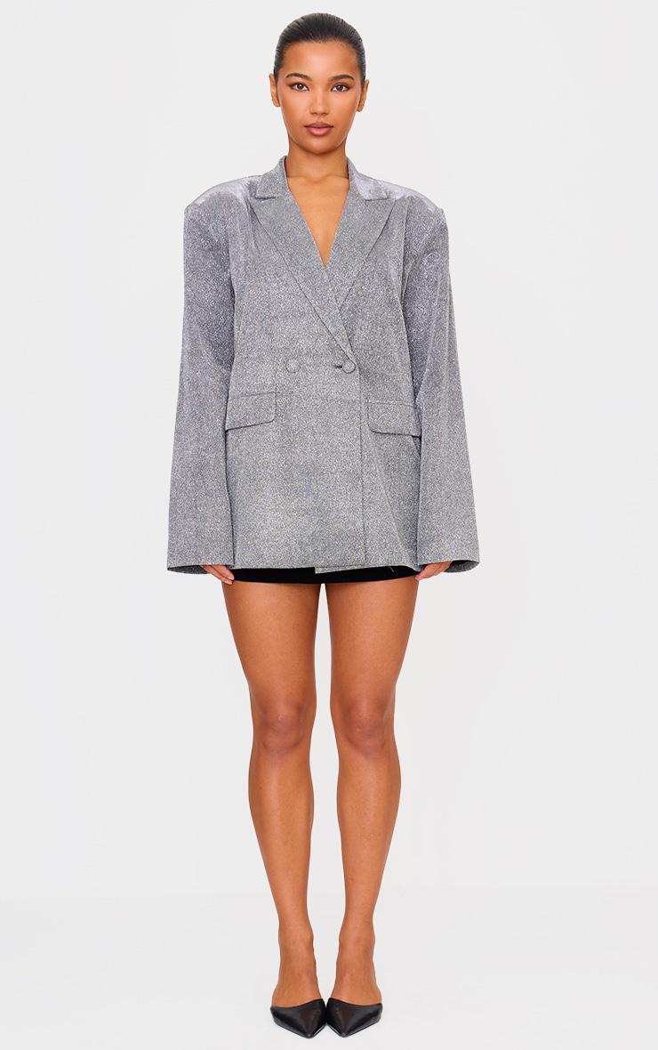 Silver Glitter Oversized Curved Hem Boxy Blazer Product Image