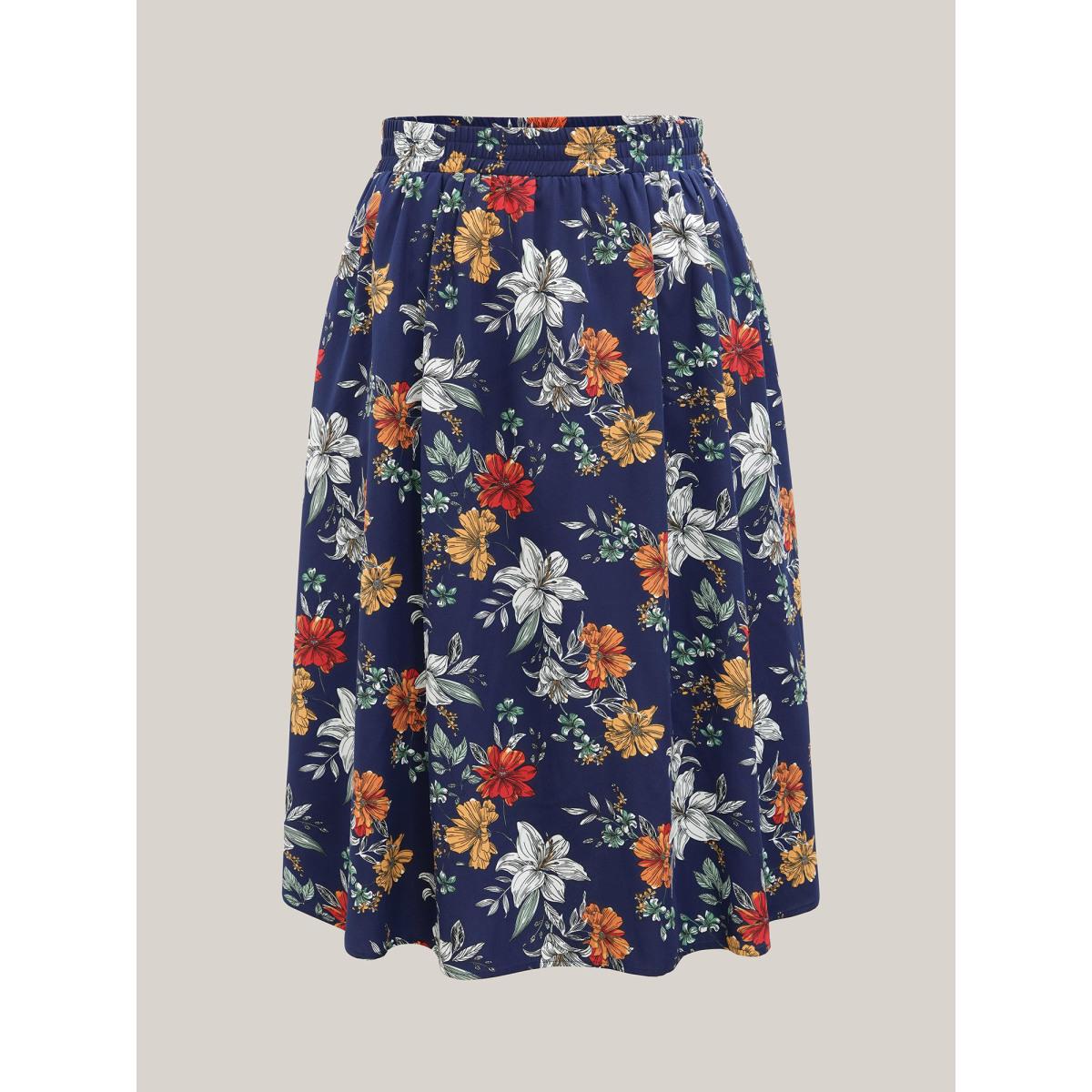 Plus Size Floral Print Drawstring Pleated Midi Skirt Women DarkBlue Elegant Bodycon Low stretch Slanted pocket Everyday Skirts BloomChic 14-16/1X Product Image