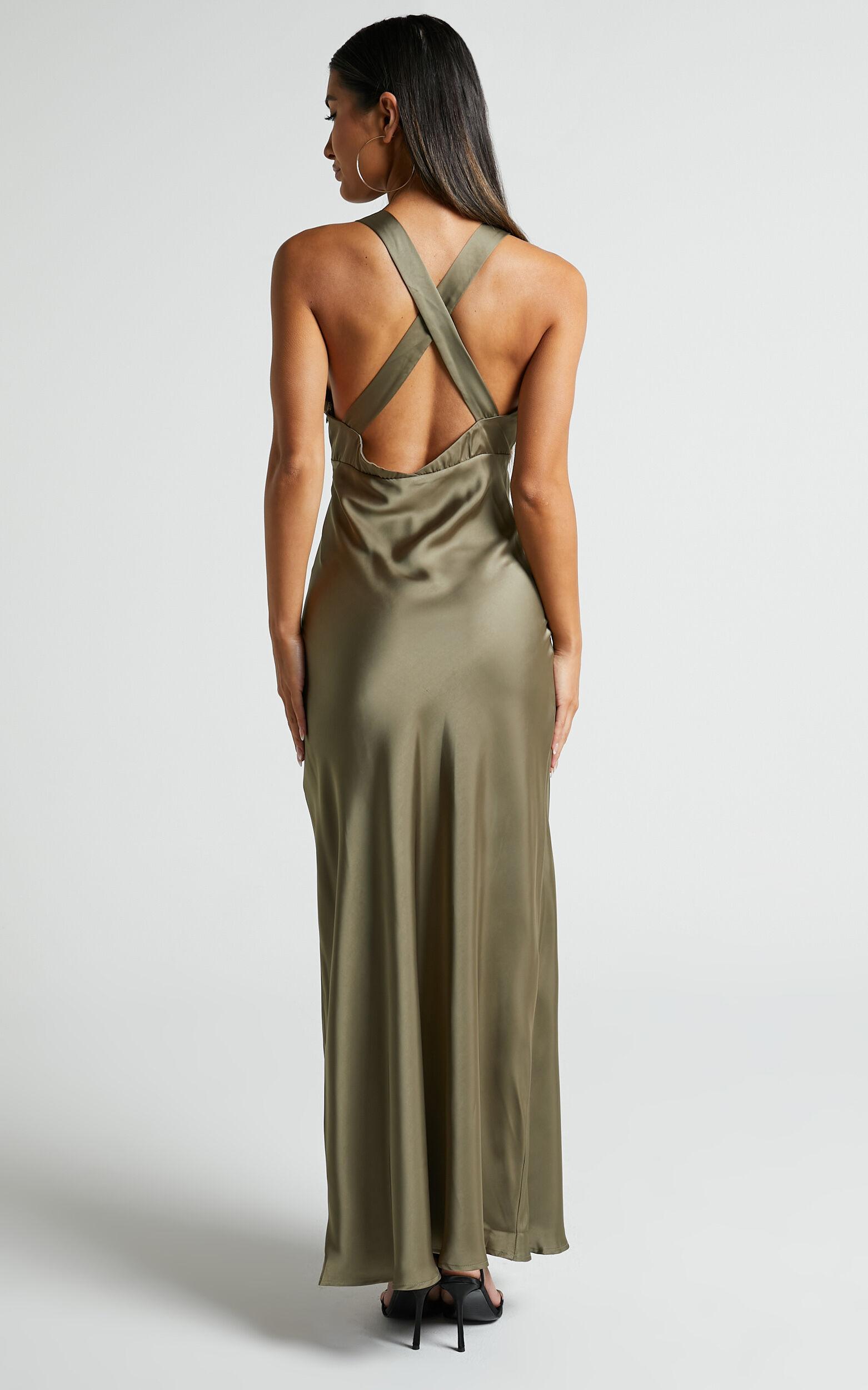 Khalani Midi Dress - Deep V Neck Satin Slip Dress in Dark Olive Product Image