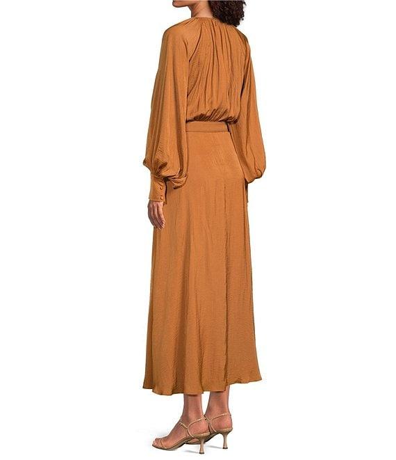 Gibson & Latimer Moonshadow Satin Ruched Crew Neck Long Sleeve Belted Blouson Maxi Dress Product Image